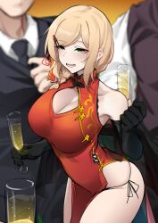 Rule 34 | 1girl, 2boys, absurdres, alcohol, black gloves, black panties, blonde hair, blurry, blurry background, blush, braid, breasts, china dress, chinese clothes, cleavage cutout, clothing cutout, commentary, cowboy shot, cup, dress, drinking glass, english commentary, gloves, green eyes, hair ornament, hairclip, highres, holding, holding cup, k0ng, large breasts, long hair, lower teeth only, multiple boys, open mouth, original, panties, red dress, side-tie panties, sleeveless, sleeveless dress, solo focus, teeth, thighhighs, underwear, wine glass