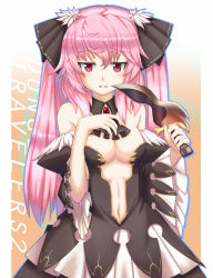 Rule 34 | 1girl, ascot, bare shoulders, blush, breasts, copyright name, dagger, detached collar, detached sleeves, dress, dungeon travelers 2, hair ornament, knife, lilian craper, long hair, navel, pink hair, red eyes, solo, tks (526tks), twintails, weapon, wide sleeves