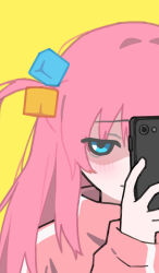 Rule 34 | 1girl, blue eyes, blush, bocchi the rock!, cellphone, chinese commentary, closed mouth, commentary request, covering one eye, cube hair ornament, furrowed brow, gotoh hitori, hair bobbles, hair ornament, half-closed eyes, hand up, high collar, highres, holding, holding phone, jacket, long hair, long sleeves, looking at viewer, lurenjia, messy hair, phone, pink hair, pink jacket, portrait, raised eyebrows, shaded face, simple background, smartphone, solo, straight-on, variant set, yellow background
