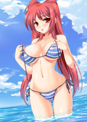 Rule 34 | 00s, 1girl, :p, bikini, blue bikini, blush, breasts, covered erect nipples, day, huge breasts, kawase seiki, kousaka tamaki, large breasts, long hair, looking at viewer, navel, red eyes, red hair, side-tie bikini bottom, solo, string bikini, striped bikini, striped clothes, swimsuit, to heart (series), to heart 2, tongue, tongue out, undressing, wading, water, wide hips