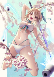 Rule 34 | 1girl, 200f (nifu), absurdres, aqua bow, bare shoulders, bikini, blonde hair, bow, bracelet, breasts, cherry blossoms, cleavage, fate/grand order, fate (series), hair bow, halterneck, highres, holding, holding sword, holding weapon, jewelry, jumping, katana, koha-ace, looking at viewer, medium breasts, navel, okita j. souji (fate), okita j. souji (third ascension) (fate), okita souji (fate), okita souji (koha-ace), open mouth, platform footwear, sandals, sheath, shoes, short hair, single shoe, smile, solo, stomach, swimsuit, sword, teeth, v-shaped eyebrows, weapon, white bikini, yellow eyes
