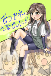 Rule 34 | 10s, arashio (kancolle), arm support, black legwear, blush, brown eyes, brown hair, kantai collection, long hair, looking at viewer, no shoes, open mouth, sitting, steam, translated