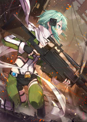 Rule 34 | 1girl, anti-materiel rifle, aqua eyes, black gloves, black shorts, blue eyes, blue hair, bolt action, commentary request, destruction, dutch angle, fingerless gloves, foot up, from side, frown, gabiran, gloves, gun, hair ornament, hairclip, holding, holding gun, holding weapon, long sleeves, pgm hecate ii, profile, rifle, scarf, short hair, short shorts, shorts, sinon, sniper rifle, solo, sword art online, thighs, weapon, white scarf
