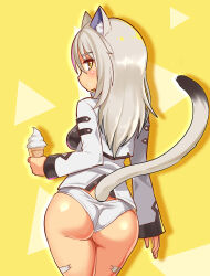 Rule 34 | 1girl, animal ears, ass, body markings, cat ears, cat girl, cat tail, closed mouth, commentary, cougar (cougar1404), cowboy shot, food, from behind, grey hair, holding, holding food, ice cream cone, jacket, light frown, long hair, long sleeves, looking at viewer, looking back, no pants, original, panties, silui (cougar1404), solo, standing, tail, tan, tiger stripes, underwear, wedgie, white jacket, white panties, yellow background, yellow eyes