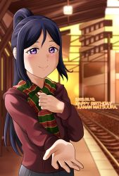 Rule 34 | 1girl, artist name, artist request, blue hair, blush, brown jacket, buttons, cloud, day, female focus, green scarf, grey skirt, hair between eyes, high ponytail, highres, jacket, long hair, looking at viewer, love live!, love live! sunshine!!, matsuura kanan, miniskirt, outdoors, parted lips, plaid, plaid skirt, pleated, pleated skirt, ponytail, purple eyes, reaching, reaching towards viewer, red scarf, scarf, skirt, sky, smile, solo, striped clothes, striped scarf, sunset, train station, train track