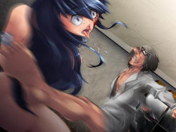 Rule 34 | abuse, artist request, battle, blood, blue hair, character request, fighting, glasses, grey hair, injury, kicking, long hair, nude, saliva, source request