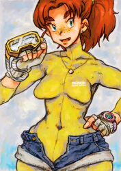Rule 34 | 1girl, bodysuit, breasts, covered navel, curvy, digimon, digimon xros wars, digimon xros wars: toki wo kakeru shounen hunter-tachi, diving mask, diving suit, female focus, freckles, goggles, long hair, looking at viewer, medium breasts, mizuki (digimon), orange hair, ponytail, shorts, solo, wetsuit, wide hips