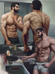 Rule 34 | 1boy, abs, aenaluck, artist name, bara, black hair, boxer briefs, chest hair, cooking, egg (food), flipping food, food, fried egg, frying pan, highres, holding, holding frying pan, holding razor, holding spatula, large pectorals, male focus, male underwear, manly, mirror, mirror image, multiple views, muscular, muscular male, navel, nipples, original, pectorals, razor, shaving, shaving beard, short hair, solo, spatula, towel, towel around waist, underwear, white male underwear