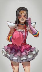 Rule 34 | 1girl, ace attorney, bad end, bandaid, bandaid on face, bandaid on forehead, black hair, bruise, capcom, charisma break, choker, collarbone, commentary, covered erect nipples, crazy eyes, crying, crying with eyes open, dress, elbow gloves, english commentary, eyeshadow, flat chest, geiru toneido, gloves, highres, injury, long hair, makeup, mascara, phoenix wright: ace attorney - spirit of justice, pink dress, pink gloves, rainbow print, ribosoma 42, runny makeup, shoulder pads, solo, spill, spoilers, straight hair, streaming tears, tears, wig, unworn wig