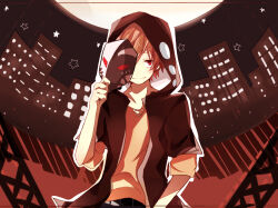 Rule 34 | 1boy, belt, black belt, black hoodie, brown shirt, building, circle, city lights, cityscape, closed mouth, commentary request, cross-laced clothes, cross-laced slit, full moon, holding, holding mask, hood, hood up, hoodie, kagerou project, kano shuuya, layered sleeves, light brown hair, looking at viewer, male focus, mask, unworn mask, mekakucity actors, moon, multicolored background, night, night sky, one eye covered, open clothes, outdoors, print hoodie, red eyes, shirt, short hair, short sleeves, sky, sleeves past elbows, smile, solo, star (symbol), takimiho, two-tone hoodie, white hoodie, yobanashi deceive (vocaloid)