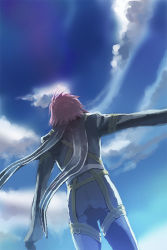 Rule 34 | 00s, 1boy, bad id, bad pixiv id, blue background, cloud, day, kratos aurion, male focus, red hair, shimabara, sio vanilla, sky, solo, tales of (series), tales of symphonia