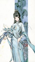 Rule 34 | 1girl, absurdres, black hair, blue dress, bracelet, building, chichi chichi, chinese clothes, dress, flower, hair ornament, highres, jewelry, long sleeves, mountain, painting (medium), solo, traditional media