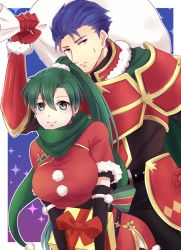 Rule 34 | 1boy, 1girl, armor, blue eyes, blue hair, christmas, earrings, elbow gloves, fire emblem, fire emblem: the blazing blade, gift, gift bag, gloves, green eyes, green hair, hat, hector (fire emblem), hetero, hug, hug from behind, jewelry, kazame, long hair, looking at viewer, lyn (fire emblem), nintendo, ponytail, santa costume, santa hat, scarf, smile, very long hair
