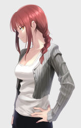 Rule 34 | 1girl, absurdres, braid, braided ponytail, breasts, brown hair, cardigan, chainsaw man, cleavage, collarbone, grey cardigan, hand on own hip, highres, ikutomipizza, light smile, looking at viewer, makima (chainsaw man), medium breasts, profile, shirt, side ponytail, sidelocks, simple background, smile, solo, white shirt, yellow eyes