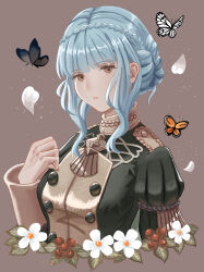 Rule 34 | 1girl, absurdres, blue hair, braid, brown eyes, brown flower, bug, butterfly, closed mouth, commentary request, crown braid, dangouo ty, falling petals, fire emblem, fire emblem: three houses, flower, garreg mach monastery uniform, grey background, highres, insect, leaf, marianne von edmund, medium hair, nintendo, parted lips, petals, puffy sleeves, simple background, solo, teeth, upper body, white flower