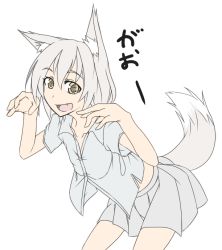 Rule 34 | 1girl, animal ears, blouse, fang, female focus, flat color, fox ears, fox tail, grey hair, looking at viewer, mitsuki (toriaezu), open mouth, orange eyes, original, shirt, simple background, skirt, solo, standing, tail, translated, white background