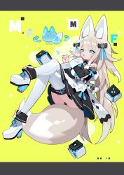 Rule 34 | 1girl, animal ear fluff, animal ears, apron, aqua eyes, belt, black dress, black panties, creature, detached collar, dress, fox ears, fox girl, fox tail, full body, hair ornament, hand up, high heels, highres, light brown hair, long hair, maid, maid apron, mamuru, necktie, off-shoulder dress, off shoulder, open mouth, original, panties, solo, tail, thighhighs, two side up, underwear, very long hair, white footwear, white thighhighs, wing collar, yellow background