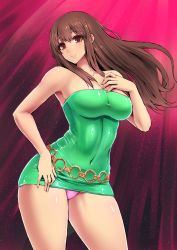 Rule 34 | 10s, 1girl, akagi (kancolle), alternate costume, bare arms, bare legs, bare shoulders, blush, bodycon, breasts, brown eyes, brown hair, cleavage, closed mouth, covered navel, dress, female focus, green dress, hand on own chest, hand on own hip, ishimiso (ishimura), kantai collection, large breasts, long hair, looking at viewer, microdress, neck, panties, pink panties, short dress, smile, solo, standing, straight hair, strapless, strapless dress, thick thighs, thighs, tube dress, underwear, wide hips
