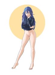 Rule 34 | 1girl, blue eyes, blue hair, blue jacket, bottomless, casual nudity, fire emblem, fire emblem awakening, highres, jacket, long hair, looking at viewer, lucina (fire emblem), nintendo, pomelomelon, pussy, smile, solo