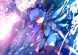 Rule 34 | 1girl, blue eyes, blue hair, bow, cirno, dutch angle, hair bow, hair ribbon, ice, ice wings, looking at viewer, matching hair/eyes, ribbon, short hair, sketch, solo, touhou, wings, yetworldview kaze
