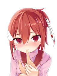 Rule 34 | 1girl, absurdres, commentary, cowfee, eyes visible through hair, finger in own mouth, finger sucking, highres, looking at viewer, pov, red eyes, red hair, short hair, solo, solo focus, yuuki yuuna, yuuki yuuna wa yuusha de aru, yuusha de aru