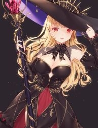 Rule 34 | 1girl, absurdres, ahoge, arm up, black background, black bow, black dress, black hat, black neckwear, black sleeves, blonde hair, blush, bow, breasts, cleavage, collarbone, commentary request, detached sleeves, dress, hand on headwear, hand up, hat, highres, holding, holding staff, juliet sleeves, large breasts, large hat, long hair, long sleeves, looking at viewer, multicolored clothes, multicolored hat, nijisanji, open mouth, print dress, puffy sleeves, purple hat, red dress, red eyes, see-through, sleeveless, sleeveless dress, smile, solo, staff, takamiya rion, takamiya rion (4th costume), twintails, virtual youtuber, witch hat, yua (bokubo0806)