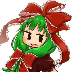 Rule 34 | 1girl, profile picture, bow, chamaji, commentary, dress, frilled ribbon, frills, front ponytail, green hair, hair bow, hair ribbon, kagiyama hina, long hair, looking at viewer, lowres, open mouth, puffy short sleeves, puffy sleeves, red dress, red ribbon, ribbon, short sleeves, signature, smile, solo, touhou, upper body, white background