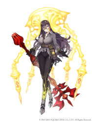 Rule 34 | 1girl, absurdres, belt, black legwear, black skin, braid, breasts, broken eyewear, canister, colored skin, corruption, crossed legs, dorothy (sinoalice), empty eyes, eyes visible through hair, full body, glowing veins, gradient skin, highres, holding, holding weapon, horns, ji no, large breasts, looking at viewer, mace, official art, purple eyes, purple hair, reality arc (sinoalice), shirt, single braid, sinoalice, smile, solo, square enix, torn clothes, torn shirt, watson cross, weapon, white background