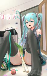 Rule 34 | 1girl, 999 ducati, ?, ??, aqua eyes, aqua hair, confetti, confused, convenient censoring, fallen down, hatsune miku, highres, indoors, long hair, matching hair/eyes, on floor, open mouth, solo, thighhighs, twintails, vocaloid