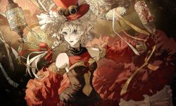 Rule 34 | 1girl, alisaie leveilleur, alternate costume, bare shoulders, blonde hair, blue eyes, bodice, braid, brown background, chinese commentary, commentary request, detached sleeves, elezen, elf, final fantasy, final fantasy xiv, floating, floating object, frilled skirt, frills, gloves, goggles, goggles on headwear, hair ribbon, hat, hat ornament, highres, keani, lantern, layered skirt, long hair, looking up, open mouth, outstretched arm, outstretched hand, pointy ears, ponytail, red gloves, red hat, red ribbon, red shirt, red skirt, ribbon, shadow, shirt, single braid, skirt, solo, standing, swept bangs, top hat, turtleneck, upper body