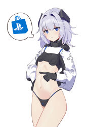 Rule 34 | 1girl, black gloves, black panties, blue eyes, buttons, closed mouth, cowboy shot, crop top, dualsense, expressionless, flat chest, game console, gloves, groin, hair intakes, hair ornament, hand on own hip, highres, logo, long sleeves, looking at viewer, medium hair, navel, no pants, original, panties, personification, playstation 5, playstation controller, pointing, product girl, puffy sleeves, ranyu, revealing clothes, silver hair, simple background, solo, sony, spoken object, stomach, string panties, symbol-shaped pupils, thighs, underwear, white background