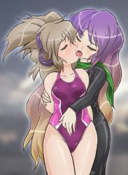 Rule 34 | 2girls, alternate costume, alternate hair length, alternate hairstyle, arms behind back, blonde hair, competition swimsuit, french kiss, gradient hair, green scarf, hand on another&#039;s stomach, hijiri byakuren, kiss, long hair, multicolored hair, multiple girls, one-piece swimsuit, open mouth, saliva, scarf, swimsuit, touhou, toyosatomimi no miko, turbo byakuren, winn, yuri