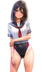 Rule 34 | 1girl, absurdres, black hairband, black one-piece swimsuit, black sailor collar, competition swimsuit, covered navel, cowboy shot, gluteal fold, hairband, highres, looking at viewer, medium hair, neckerchief, one-piece swimsuit, original, red neckerchief, sailor collar, sailor shirt, school uniform, serafuku, shirt, short sleeves, simple background, solo, standing, swimsuit, swimsuit under clothes, two-tone swimsuit, white background, yukemuriganmo