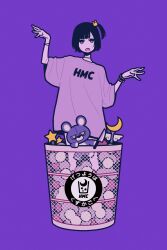 Rule 34 | 1girl, absurdres, basket, black hair, bright pupils, hair ornament, hands up, highres, knife, looking at viewer, miyoshi yoshimi, open mouth, original, print shirt, purple background, purple eyes, purple shirt, purple theme, shirt, short hair, short sleeves, side ponytail, simple background, solo, star (symbol), stuffed animal, stuffed toy, teddy bear, white pupils
