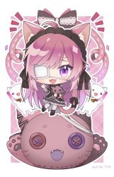 Rule 34 | :3, animal ears, artist name, bandaged arm, bandages, bell, black ribbon, bow, braid, button eyes, buttons, cat, cat ears, cat tail, confetti, eyepatch, fang, frilled hairband, frills, garcon meteor, garter belt, glowstick, gothic lolita, hair bow, hairband, heterochromia, high heels, highres, holding, holding glowstick, indie virtual youtuber, kneehighs, lace bow, lolita fashion, long hair, medical eyepatch, mikeneko (vtuber), mikeneko (vtuber) (1st costume), miniskirt, multicolored background, nail polish, neck bell, neck ribbon, niconico, open mouth, plaid, pon-chan (mikeneko), purple eyes, red eyes, ribbon, side braid, sidelocks, simple background, skirt, smile, socks, stitches, stuffed animal, stuffed toy, tail, tail ornament, tail ribbon, twitter username, virtual youtuber, white background, white cat, wrist cuffs