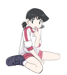 Rule 34 | 1girl, alien nine, between legs, black footwear, black hair, green eyes, gym shorts, gym uniform, hand to own mouth, hand up, highres, nnn-ollll, ootani yuri, open mouth, red shorts, shirt, shorts, simple background, sitting, solo, twintails, wariza, white background, white shirt