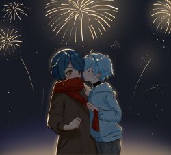 Rule 34 | 2024, 2boys, blue hair, blush, chongyun (genshin impact), commentary request, earrings, fireworks, genshin impact, hand on another&#039;s shoulder, highres, hood, hood down, imminent kiss, jewelry, long sleeves, male focus, medium hair, multiple boys, new year, night, night sky, orenjineko14, red scarf, scarf, sky, tassel, tassel earrings, thai commentary, xingqiu (genshin impact), yaoi, yellow eyes