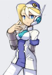 Rule 34 | 1girl, blonde hair, blue eyes, breasts, call (mighty no. 9), call e, closed mouth, dress, garrison cap, hat, headset, long hair, looking at viewer, mighty no. 9, multicolored hair, necktie, pantyhose, robot, short dress, side ponytail, simple background, solo, two-tone hair, uniform, yuusuke (5yusuke3)