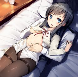 Rule 34 | 10s, 1boy, 1girl, :d, admiral (kancolle), arm at side, asashio (kancolle), bed, bed sheet, bedroom, black hair, blue eyes, blush, brown pantyhose, collared shirt, couple, cowboy shot, cup, flat chest, flat chest grab, girl on top, grabbing, hetero, indoors, kantai collection, long hair, long sleeves, looking at viewer, looking up, lying, military, military uniform, naval uniform, navel, on back, on bed, open clothes, open mouth, open shirt, orihi chihiro, panties, panties under pantyhose, pants, pantyhose, pillow, red ribbon, ribbon, shirt, sidelocks, smile, solo focus, stomach, swept bangs, table, thighband pantyhose, underwear, uniform, white pants, white shirt, wing collar