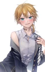 Rule 34 | 0123 mexal, 1boy, adam&#039;s apple, aqua eyes, arm support, mismatched earrings, bare shoulders, black jacket, blonde hair, blush, body writing, collared shirt, earrings, hair over shoulder, hand up, heart, heart tattoo, highres, jacket, jewelry, kagamine len, leaning to the side, long sleeves, male focus, medium hair, neck tattoo, necktie, parted lips, ponytail, shirt, simple background, sleeveless, sleeveless shirt, smile, striped necktie, stud earrings, tattoo, unbuttoned, untying, upper body, vocaloid, white background