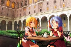 Rule 34 | 2girls, bat wings, blonde hair, blue hair, chair, cup, cupcake, dress, fangs, flandre scarlet, freeze-ex, hair ribbon, looking at viewer, multiple girls, open mouth, red eyes, remilia scarlet, ribbon, short hair, siblings, side ponytail, sisters, sitting, smile, table, teacup, teapot, touhou, wings, wrist cuffs