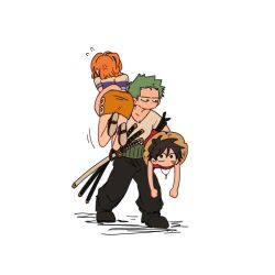Rule 34 | 1girl, 2boys, anger vein, angry, bandana, bandana around arm, black bandana, carrying, carrying multiple people, carrying over shoulder, carrying person, carrying under arm, facial scar, feet out of frame, flying sweatdrops, green hair, haramaki, hat, monkey d. luffy, multiple boys, nami (one piece), one piece, orange hair, roronoa zoro, scar, scar on cheek, scar on face, short hair, sideburns, simple background, simplebeam, straw hat, sword, triple wielding, weapon, white background
