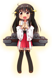 Rule 34 | 10s, 1girl, bare shoulders, black hair, black thighhighs, blush, brown eyes, detached sleeves, hairband, haruna (kancolle), japanese clothes, kantai collection, long hair, looking at viewer, miyako hito, open mouth, own hands clasped, own hands together, personification, skirt, smile, solo, thighhighs