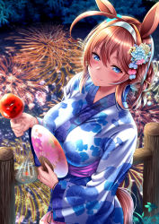 Rule 34 | 1girl, absurdres, ahoge, animal ears, blue eyes, blue kimono, blush, breasts, brown hair, bush, candy apple, closed mouth, commentary, constricted pupils, cowboy shot, curled fingers, fence, fireworks, fish, floral print, flower, food, forehead, goldfish, hair between eyes, hair flower, hair ornament, hairband, hairpin, hand fan, highres, holding, horse ears, horse girl, horse tail, japanese clothes, kimono, large breasts, long sleeves, medium hair, mihono bourbon (umamusume), morning glory print, night, outdoors, parted bangs, pink sash, pouch, rairaisuruyo, reflection, reflective water, sash, shadow, sidelocks, smile, solo, tail, umamusume, wavy mouth, wide sleeves, wooden fence, yukata