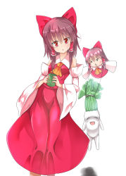 Rule 34 | 2girls, ascot, blush, bow, breasts, brown hair, commentary request, cookie (touhou), cup, daikon, detached sleeves, dress, feet out of frame, full body, hair between eyes, hair bow, hakurei reimu, highres, holding, holding cup, hyper muteki (ningen no kuzu), long hair, looking at viewer, medium breasts, mini person, minigirl, multiple girls, open mouth, radish, red bow, red dress, red eyes, red shirt, red skirt, reu (cookie), reu daikon, sakenomi (cookie), shirt, sidelocks, simple background, skirt, sleeveless, sleeveless shirt, sleeves past fingers, sleeves past wrists, touhou, triangle mouth, white background, white sleeves, yellow ascot, yunomi