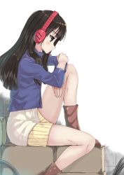 Rule 34 | 1girl, black eyes, black hair, blush, boots, brown footwear, character request, closed mouth, flip flappers, from side, headphones, highres, long hair, long sleeves, looking away, looking down, sitting, solo, ynote