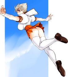 Rule 34 | 1girl, ass, back, bottomless, breasts, brown footwear, cloud, cloudy sky, ez6, flying, from behind, gloves, kneepits, looking at viewer, looking back, miniskirt, no panties, original, pleated skirt, puffy short sleeves, puffy sleeves, red eyes, shirt, shoes, short hair, short sleeves, sideboob, skirt, sky, solo, thighhighs, thighs, white shirt, white thighhighs
