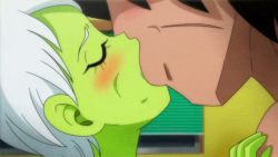 Rule 34 | 1boy, 1girl, animated, animated gif, bathroom, blush, broly (dragon ball super), cheelai, colored skin, dragon ball, dragon ball super, dragon ball super broly, french kiss, from behind, game cg, grabbing, green skin, groin, hair over eyes, indoors, kiss, looking at another, no humans, nude, open mouth, saliva, short hair, size difference, standing, steam, tongue, tongue out, white hair, yamamoto doujin