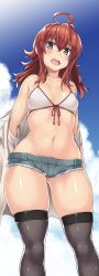 Rule 34 | 10s, 1girl, :d, absurdres, ahoge, arashi (kancolle), bikini, bikini top only, black thighhighs, blue sky, blush, breasts, brown eyes, cleavage, collarbone, cutoffs, day, denim, denim shorts, from below, front-tie bikini top, front-tie top, gluteal fold, hair between eyes, halterneck, halterneck, highres, kantai collection, kuronyan, midriff, navel, off shoulder, open mouth, outdoors, red hair, round teeth, short shorts, shorts, sidelocks, skindentation, sky, small breasts, smile, solo, stomach, swimsuit, teeth, thighhighs, thighs, white bikini, wide hips
