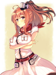 Rule 34 | 10s, 1girl, anchor, belt, breast hold, breast pocket, breasts, brown hair, crossed arms, dress, grey eyes, hair between eyes, highres, kantai collection, large breasts, long hair, looking at viewer, mizuyoukan (mikususannda), neckerchief, pocket, ponytail, red neckerchief, saratoga (kancolle), side ponytail, sidelocks, smile, solo, standing, upper body, white dress